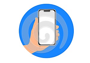 Image graphics hand hold smartphone in circle blue isolated white background vector illustration