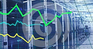 Image of graphs, changing numbers, computer language over data server room