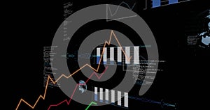 Image of graphs and charts processing data on black background