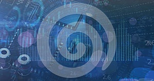 Image of graphs and charts processing data over computer motherboard