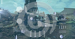 Image of graphs and charts processing data over industrial construction site