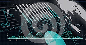 Image of graphs, data and globe on black background