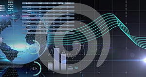 Image of graphs data and information moving on screen over grid and globe spinning