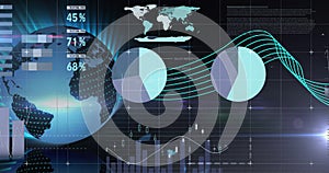 Image of graphs data and information moving on screen over grid and globe spinning