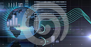 Image of graphs data and information moving on screen over grid and globe spinning