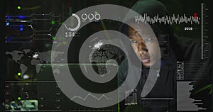 Image of graphs and data over african american man working on laptop in server room