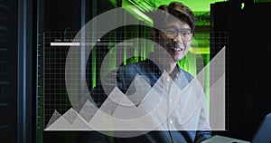 Image of graphs and data over asian man working in server room