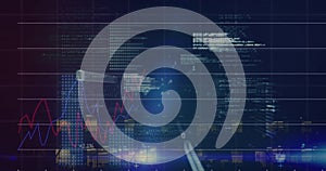 Image of graphs with data processing on digital interface against building at night