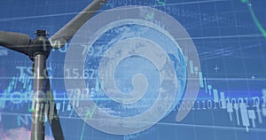 Image of graphs, globe and data processing over wind turbine