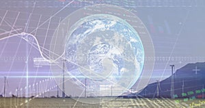 Image of graphs, globe and data processing over wind turbine