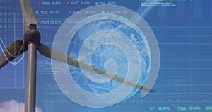 Image of graphs, globe and data processing over wind turbine