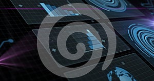 Image of graphs, loading circles and circuit board pattern over black background