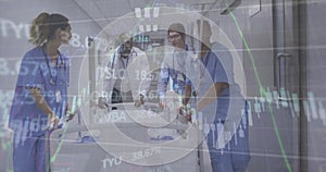 Image of graphs, trading board, diverse doctors rushing patient to operation room