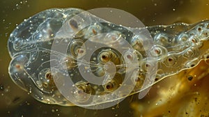 An image of a gravid pregnant female rotifer with several developing eggs visible within its body. The eggs are