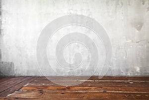 Image of gray concrete wall background and old wooden floor