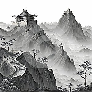 image of the great wall of China in different environments in the style of monochromatic ink wash digital painting.