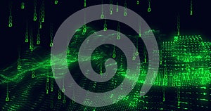 Image of green binary coding data processing over waving on black background
