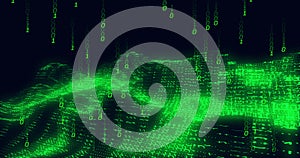Image of green binary coding data processing over waving on black background