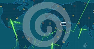 Image of green graph with upward arrows and data processing over blue world map