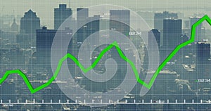 Image of green line and financial data processing over cityscape