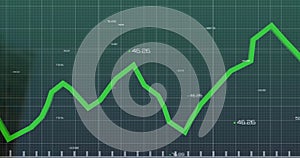 Image of green line and financial data processing over grid