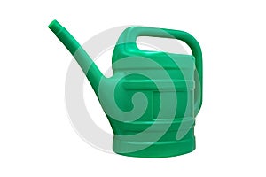 Green plastic garden watering can isolated on white background