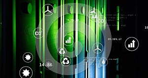Image of green technology icons, coding over data server racks