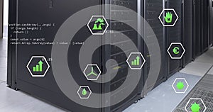 Image of green technology icons and coding over data server room