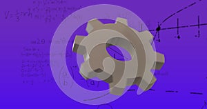 Image of grey cog over mathematical data processing