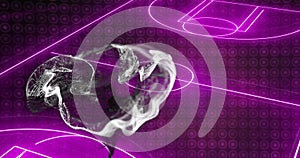Image of grey digital wave over neon purple soccer field layout against black background
