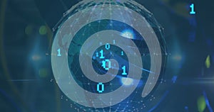 Image of grid patterned globe with binary codes against abstract background