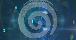 Image of grid patterned globe with binary codes against abstract background