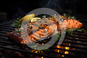 Image of grilled fresh fillet of fatty tuna on grill, Generative AI