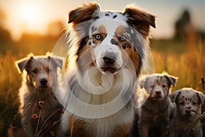 Image Group of Aussie dogs, mom with puppies, playing in meadow