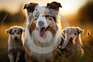 Image Group of Aussie dogs, mom with puppies, playing in meadow