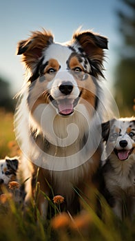 Image Group of Aussie dogs, mom with puppies, playing in meadow