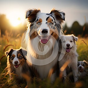 Image Group of Aussie dogs, mom with puppies, playing in meadow