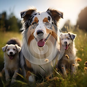 Image Group of Aussie dogs, mom with puppies, playing in meadow