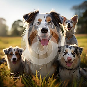 Image Group of Aussie dogs, mom with puppies, playing in meadow