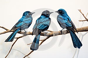 Image of group of balicassiao bird on a branch on a white background. Birds. Animals. Illustration, Generative AI