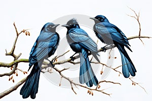 Image of group of balicassiao bird on a branch on a white background. Birds. Animals. Illustration, Generative AI