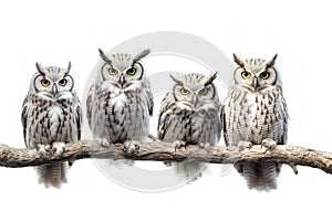 Image of group of barred eagle-owl on a branch on a white background. Birds. Animals. Illustration, Generative AI