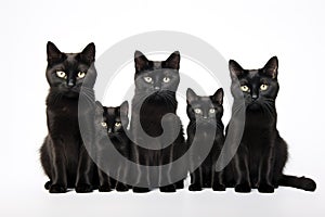 Image of group of black cats on white background. Pet. Animals. Illustration, Generative AI