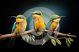 Image of group of blue-tailed bee-eater on a branch on a black background. Birds. Animals. Illustration, Generative AI