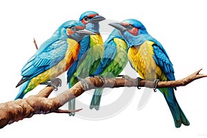 Image of group of blue-throated barbet bird on a branch on a white background. Birds. Animals. Illustration, Generative AI