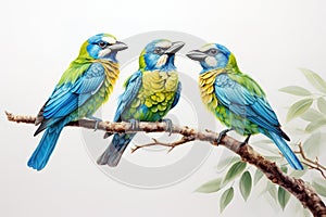 Image of group of blue-throated barbet bird on a branch on a white background. Birds. Animals. Illustration, Generative AI