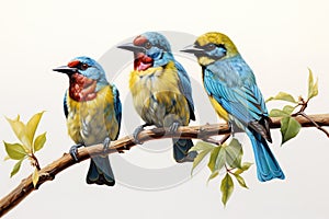 Image of group of blue-throated barbet bird on a branch on a white background. Birds. Animals. Illustration, Generative AI