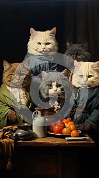 Image of group of cats dressed in renaissance garb. Generative AI