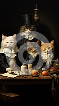 Image of group of cats sitting at table. Generative AI