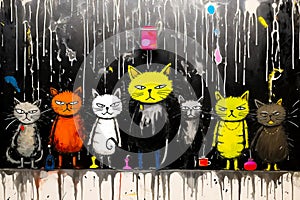 Image of group of cats standing in front of rain shower. Generative AI